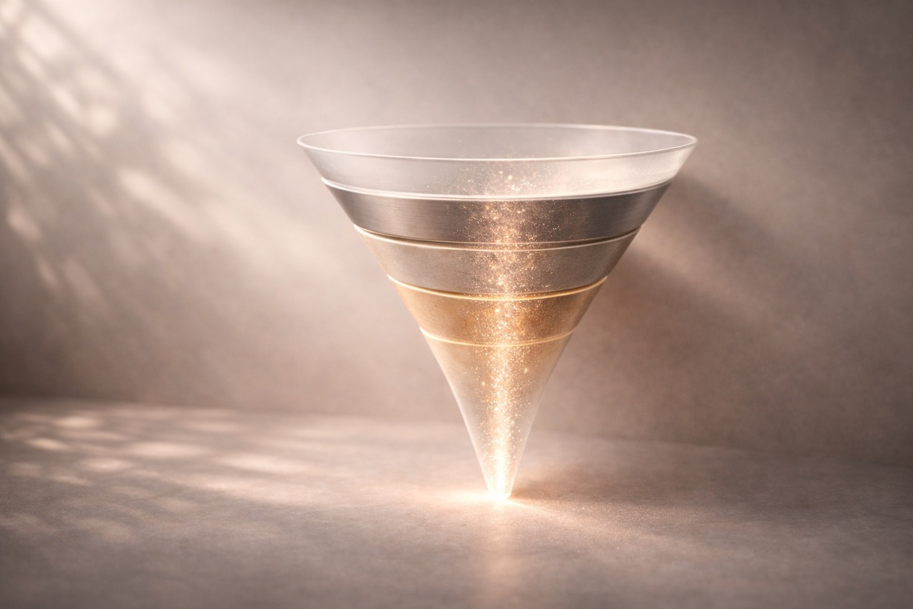 Abstract editorial illustration representing conversion funnel and drop-off points